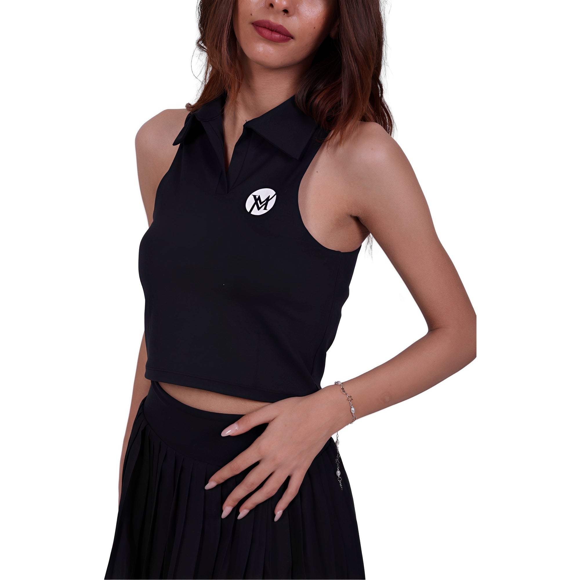 Match Time Activewear Top & Skirt – Black | Seamless Polo with Built-In Support for Women | Court Ready & Versatile