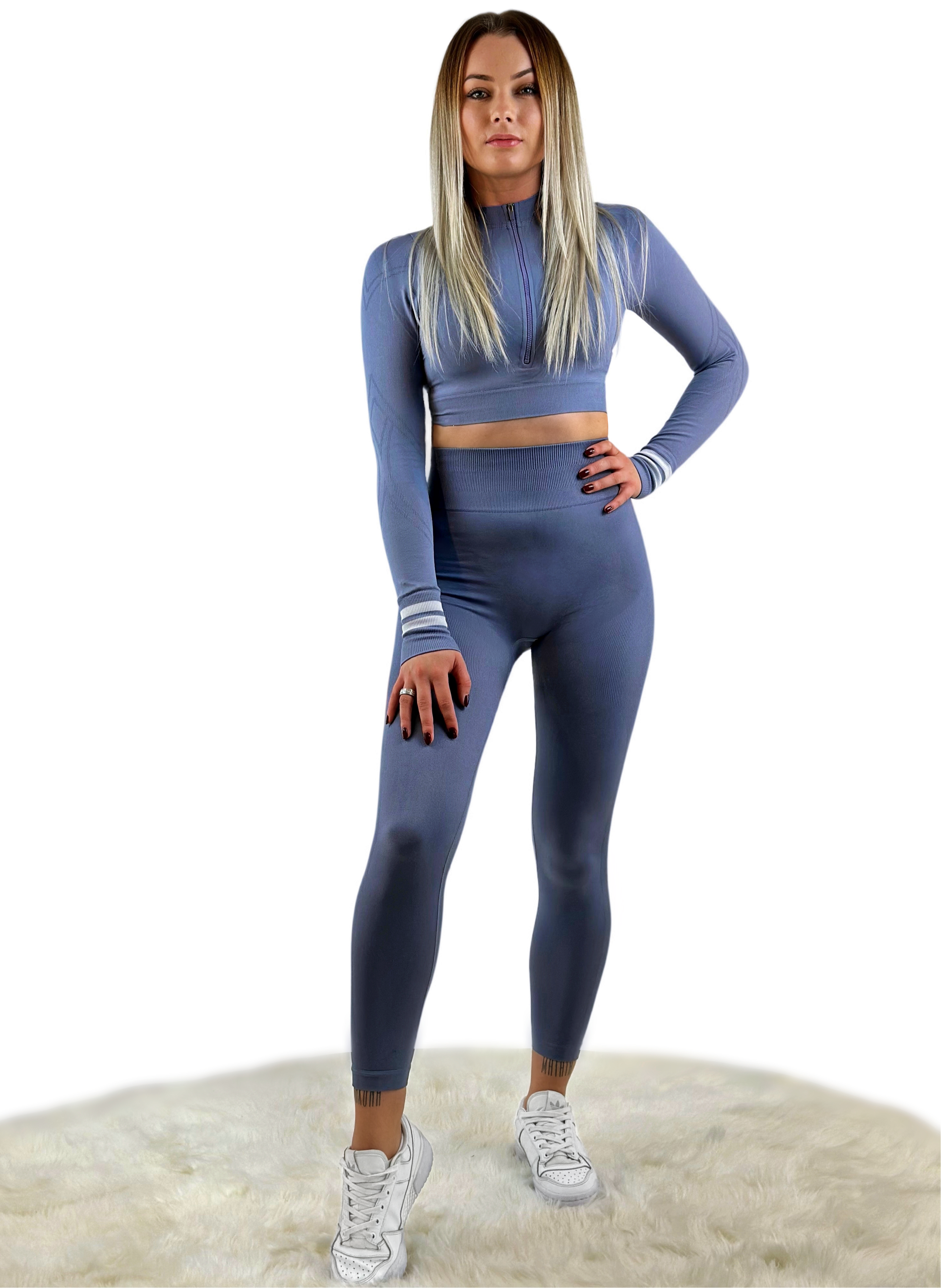 Smash Stripe Activewear Top – Blue Gray | Sculpting with Contour Stripes &amp; Dynamic Performance Fit