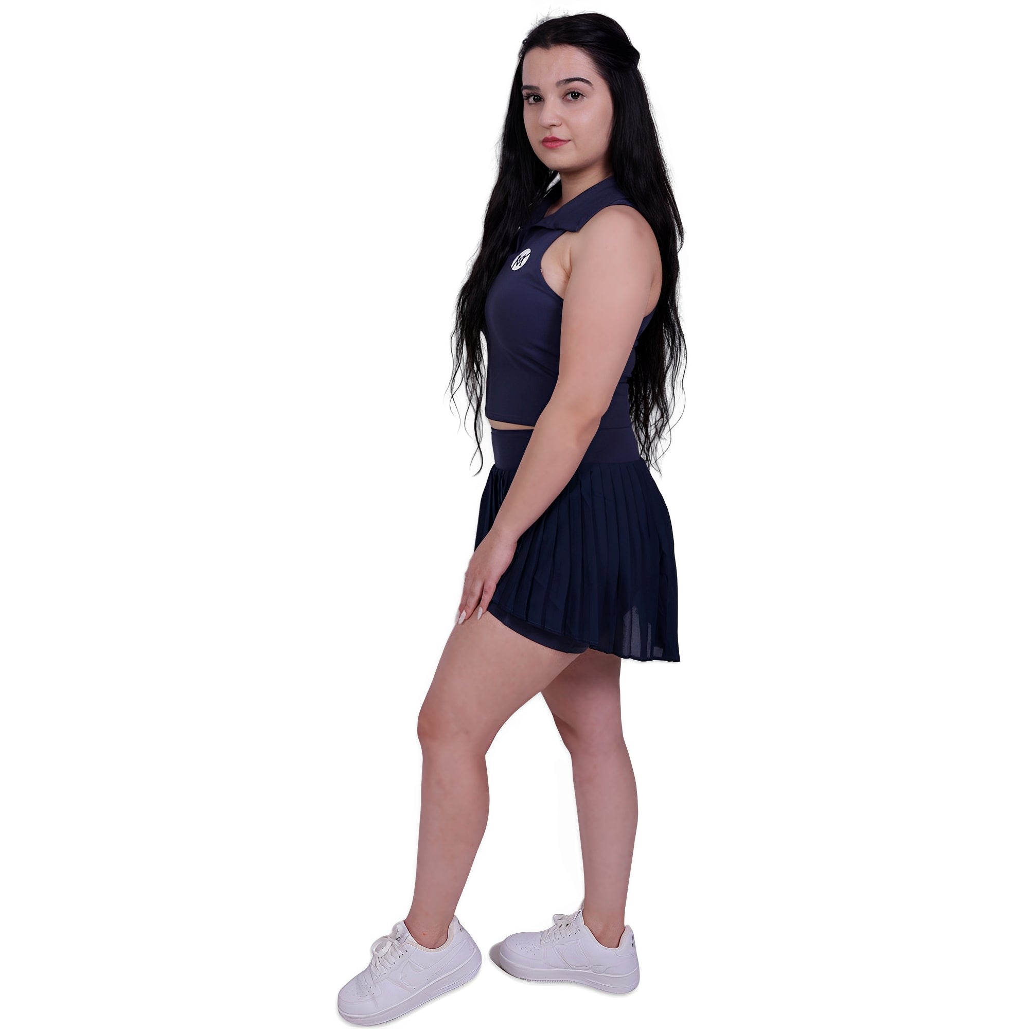 Match Time Tennis Activewear Top &amp; Skirt – Navy Blue | Sporty-Chic Polo Top with Built-in Support for Women